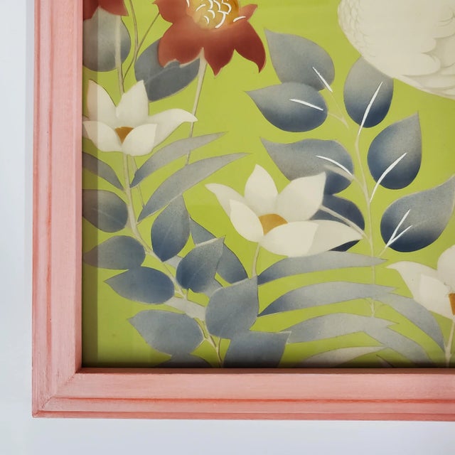 1940s Vintage Crane & Floral Prints, a Pair in Pink Frames For Sale - Image 9 of 13