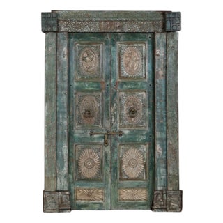 Antique Indian Carved and Painted Teakwood “Krishna” Door + Frame For Sale