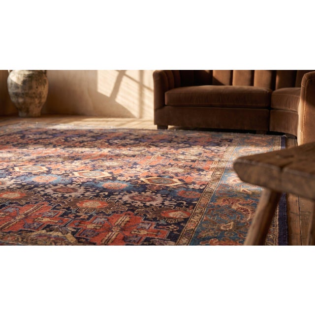 Textile 1890s Blue Navy Geometric Tribal Antique Persian Malayer Rug 12' X 13'9" Handknotted Wool Carpet For Sale - Image 7 of 9