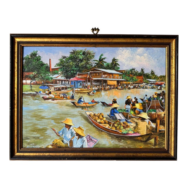 1970's Vintage Asian Floating Market Oil on Masonite Painting by Sam Ruey For Sale