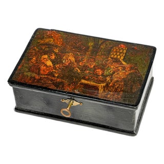 Nice 19th Century Antique Russian Hand Painted Boyar Wedding Feast Scene Lacquer Box With Key Old World European Home Decor For Sale