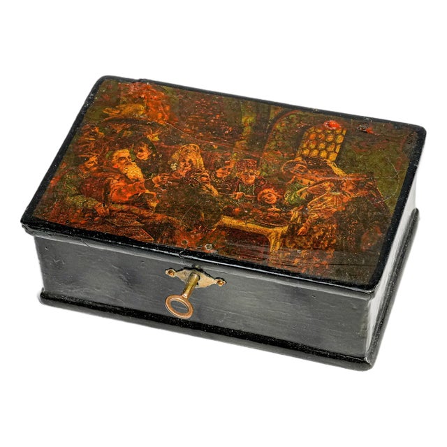 Nice 19th Century Antique Russian Hand Painted Boyar Wedding Feast Scene Lacquer Box With Key Old World European Home Decor For Sale