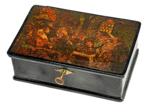 Nice 19th Century Antique Russian Hand Painted Boyar Wedding Feast Scene Lacquer Box With Key Old World European Home Decor