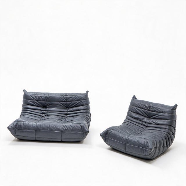 Togo Set in Grey Leather by Michel Ducaroy for Ligne Roset, 1990s, Set of 2 For Sale - Image 15 of 15