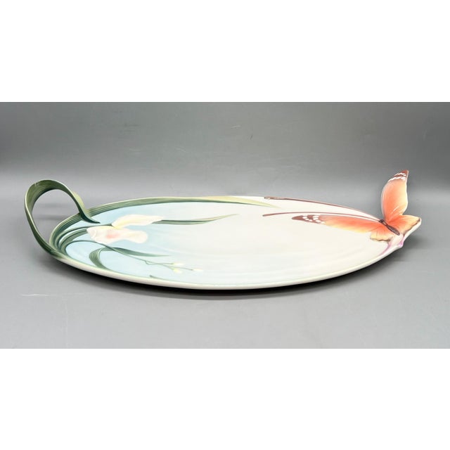 Bordallo Pinheiro Franz Papillon Porcelain Iris & Butterfly Sculptural Platter Xp1694 – Art Nouveau Botanical Serveware - Spring/ Easter For Sale - Image 4 of 12