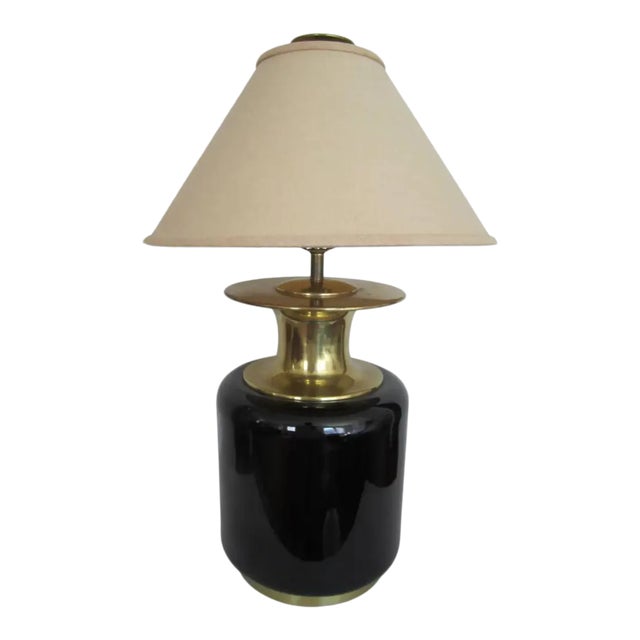 '80s Postmodern Black Ceramic and Brass Table Lamp by Champman For Sale