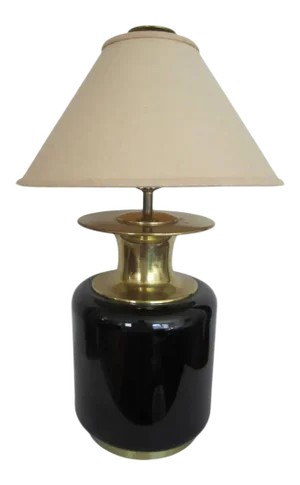 '80s Postmodern Black Ceramic and Brass Table Lamp by Champman