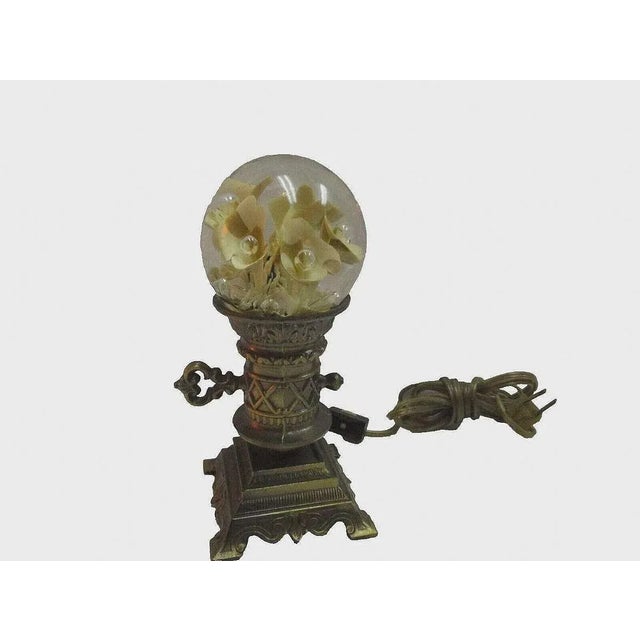 Glass Vintage Brass Glass Globe Terrarium Lamp Accent Lightup White Roses Lantern Rare For Sale - Image 7 of 9