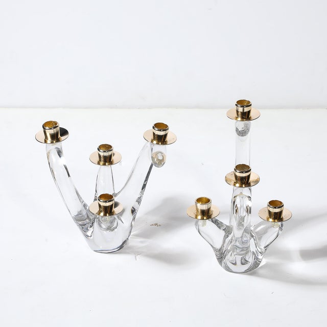 Pair of Mid-Century Amorphic Crystal & Brass 4 Arm Candelabras Signed Schneider For Sale In New York - Image 6 of 15