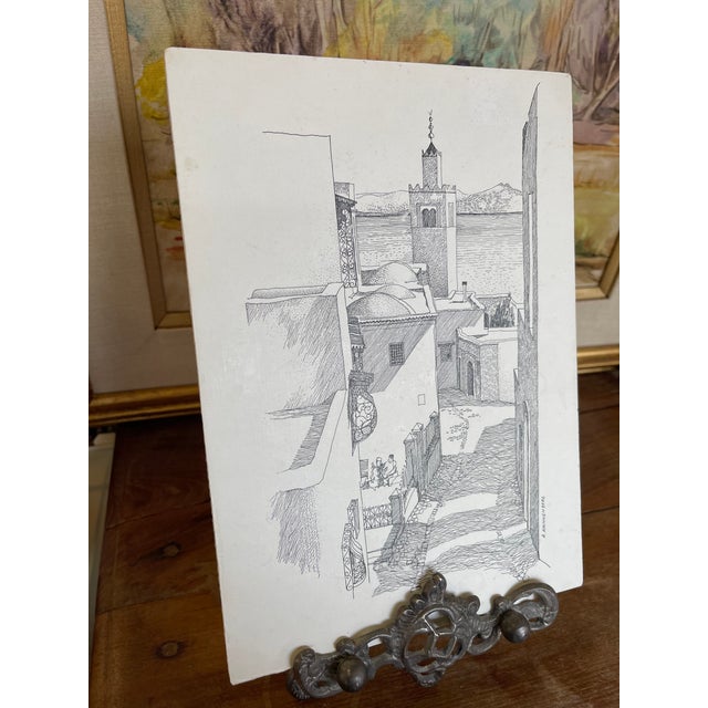 Street Art Vintage 1971 Tunis Tunisia Architectural Ink Drawing by K. Winnenberg, Street Scene Artwork For Sale - Image 3 of 9