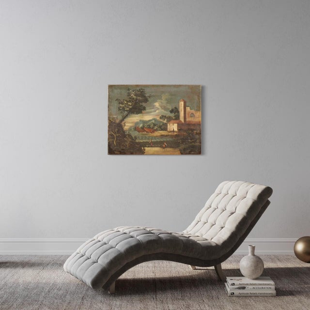 Ancient Italian painting from the 18th century. Oil on canvas famework depicting a seascape with characters and...