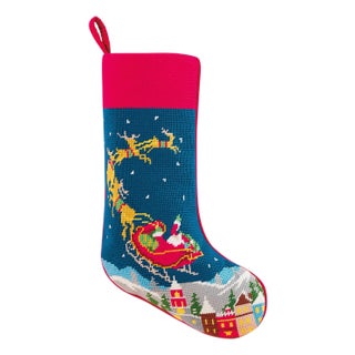 Santa and Reindeers Embroidered Needlepoint Stocking For Sale