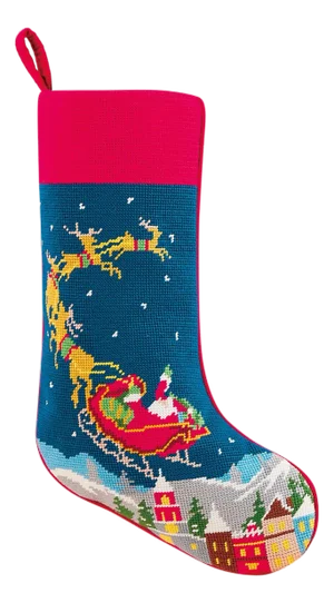 Santa and Reindeers Embroidered Needlepoint Stocking