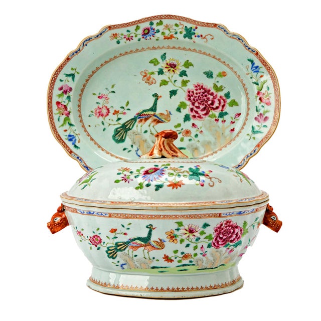 18th-Century Chinese Export Porcelain Double Peacock Pattern Soup Tureen, Cover & Stand For Sale - Image 18 of 18