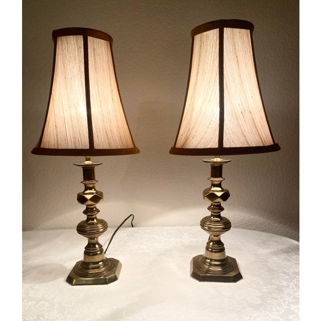 Solid Brass Uniquely Intricate Candlestick Style Pair of Lamps Excellent Condition Mid 20th Century For Sale - Image 11 of 12