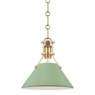Hudson Valley Lighting Mark D. Sikes Painted No.2 1-Light Small Pendant, Aged Brass/Leaf Green Combo For Sale
