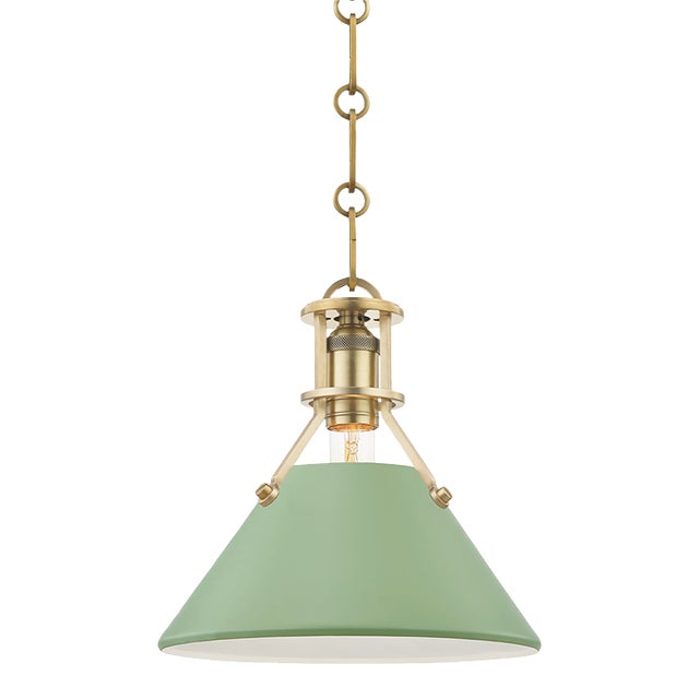 Hudson Valley Lighting Mark D. Sikes Painted No.2 1-Light Small Pendant, Aged Brass/Leaf Green Combo For Sale
