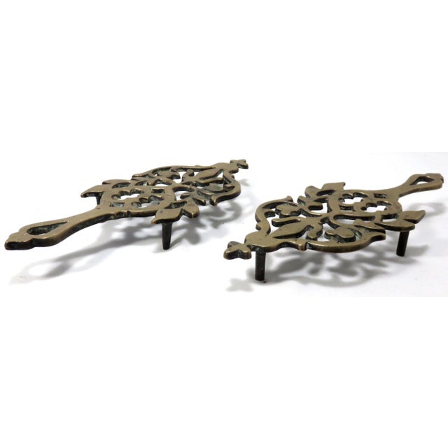 Brass Original Matched Pair of Large Antique Solid Cast Brass Trivets Circa Mid 19th Century For Sale - Image 8 of 13