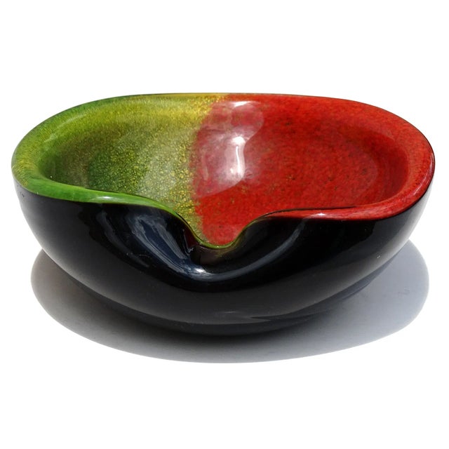 Ruby Red Vintage Murano Half Red Green Gold Flecks on Black Italian Art Glass Heart Shape Decorative Bowl For Sale - Image 8 of 10