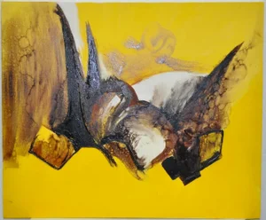 Mid 20th Century Frank Walcutt Yellow & Brown Abstract Oil Painting C.1972