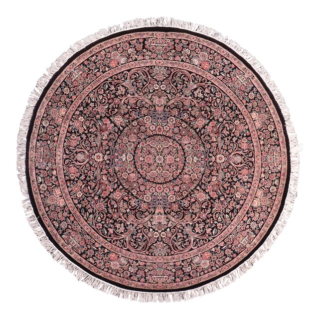 Art Nouveau 1990's Pak-Persian Black/Pink Wool Round Rug- 8'1'' X 8'3'' For Sale