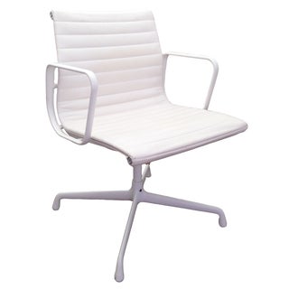 White Leather Eames Aluminum Group Side Chair For Sale