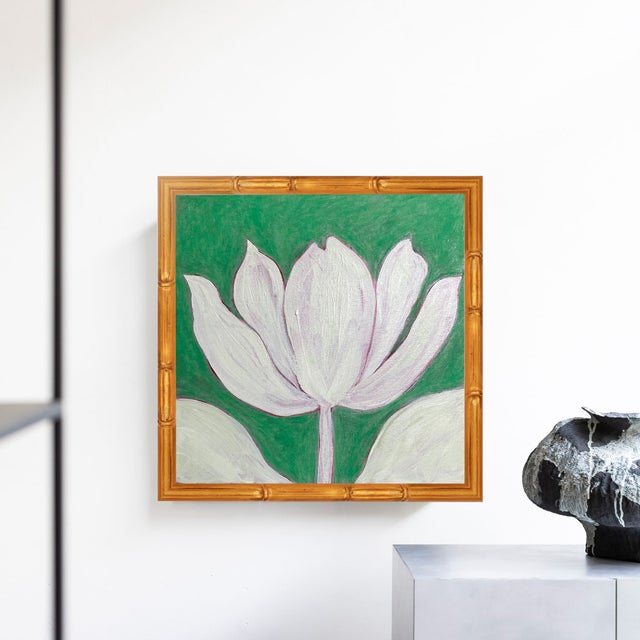 Chinoiserie Original Framed Tulip Painting, Green Floral Wall Art, Acrylic on Canvas in Gold Bamboo Frame, 13x13 Botanical Boho Home Decor For Sale - Image 3 of 4