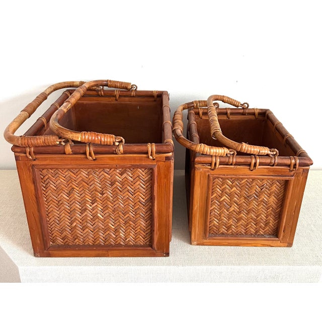 Vintage Woven Rattan Bamboo Handled Nesting Boxes Large Box 16”x12”x11” Smaller Box 13”x X9.5”x9.5” For Sale In Miami - Image 6 of 10