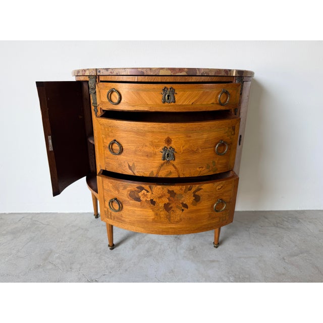 19th Century 19th-Century French Louis XVI Style Marquetry Inlaid Demi-Lune Cabinet With Breccia Marble Top For Sale - Image 5 of 18
