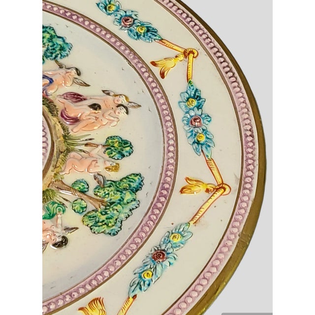 Italian Large Vintage Capodimonte Italian Relief Charger Wall Plate Floral Garland Cherubs Marked For Sale - Image 3 of 11