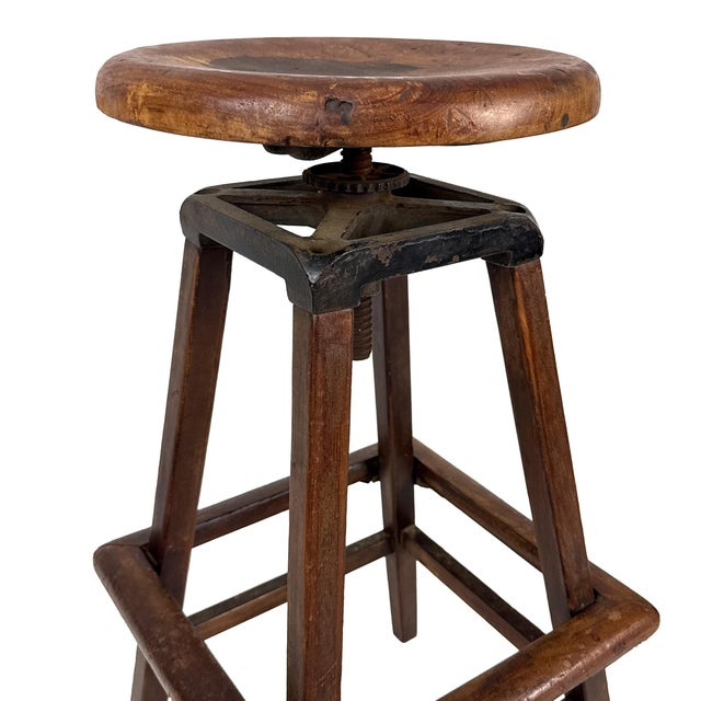 Brown Antique 1910s 30" Tall Industrial Architect's Draftsman Stool - Adjustable Wood & Cast Iron Swivel Seat For Sale - Image 8 of 18