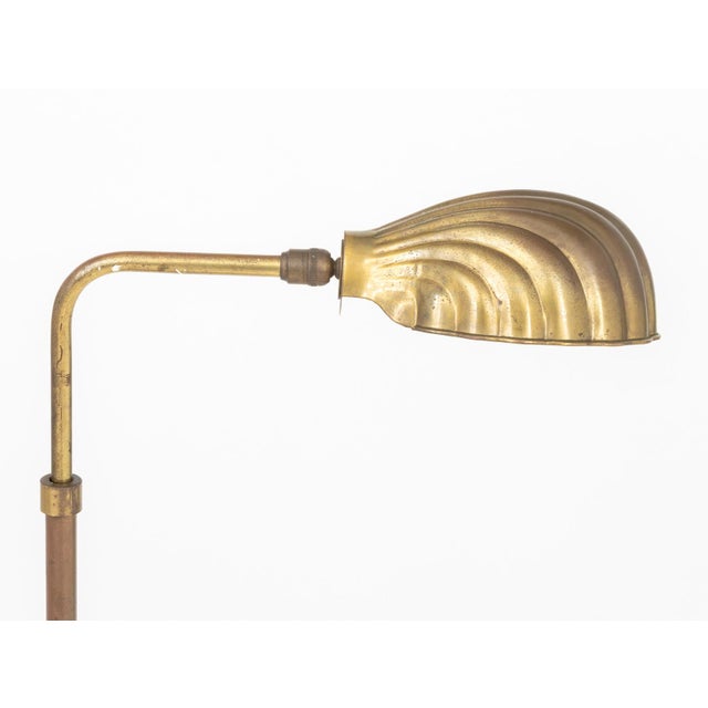 Mid-Century Modern Brass Clam Shell Shade Floor Lamp. 43.5" H x 18" W x 10" Diameter base. Provenance: From a Forest Hills...