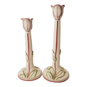 Pair Vintage Late 20th Century Porcelain Tulip Candle Holders Made in Italy