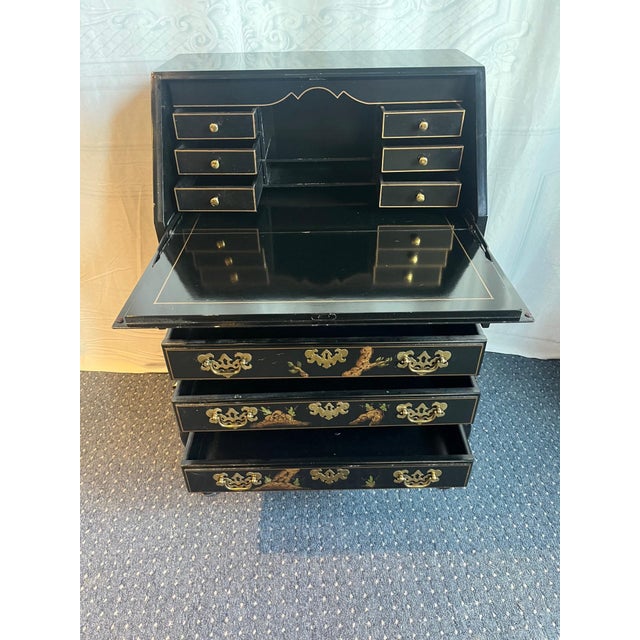 1970's Black Lacquer Hand Painted Asian Chinoiserie Secretary Desk For Sale - Image 11 of 12
