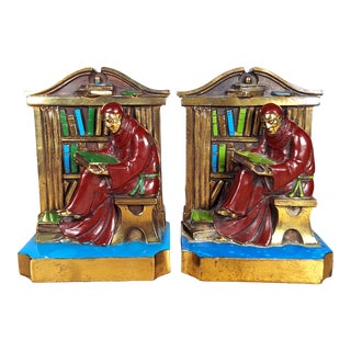 Antique Brass Bookends LV Aronson Ronson Metal Art Wares Company 1920 Original Label- Set of 2 For Sale