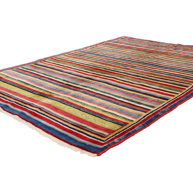 61534 Vintage Persian Gabbeh Rug, 04'07 x 06'05. The Chromatic Dynasty: A Vintage Persian Gabbeh Masterpiece of Regal...