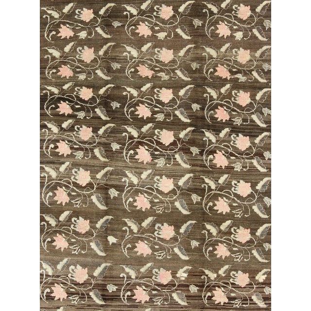 Mid 20th Century Vintage Kars Rug From Eastern Turkey With Rose Flower Design Brown, Green, Pink For Sale - Image 5 of 10