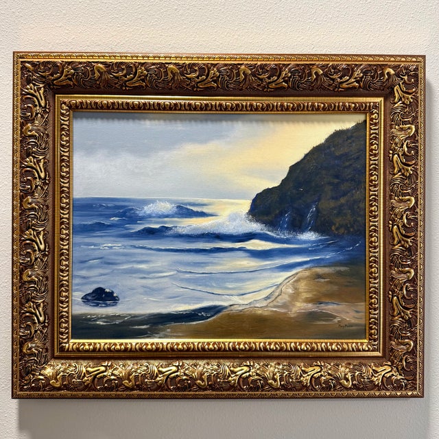 Vintage Coastal Seascape Oil Painting, Ornate Gilt Frame, Signed For Sale In Austin - Image 6 of 6