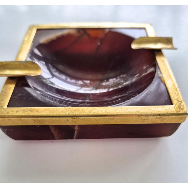 Mid-Century Modern Mid Century Mod Ash Tray Trinket Dish 1950's Amber Onyx and Brass For Sale - Image 3 of 7