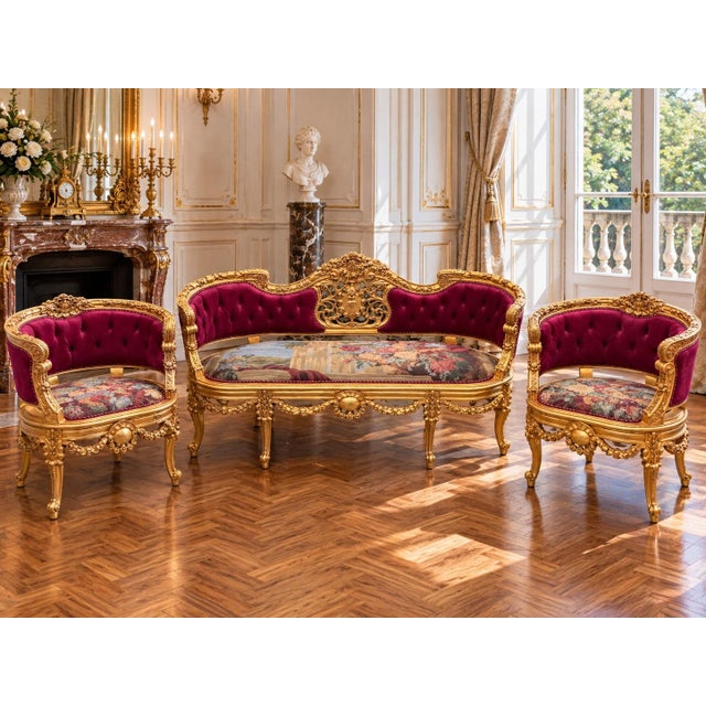 This refined circa 1970 French Louis XVI–style seating set consists of one sofa and two matching armchairs, combining...