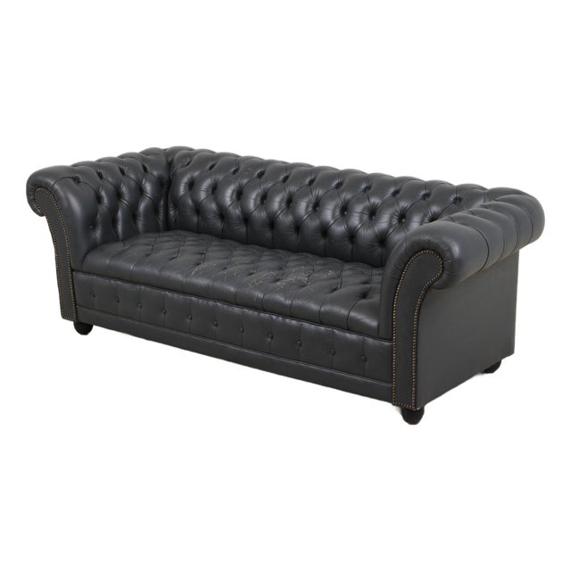 Blue Leather Chesterfield English Style Loveseat For Sale