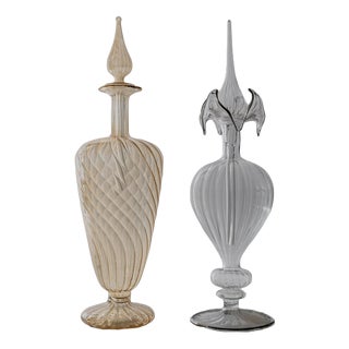 Vintage Hand-Blown Orange and Clear Murano Glass Perfume Bottles with Stoppers, 1940s, Set of 2 For Sale