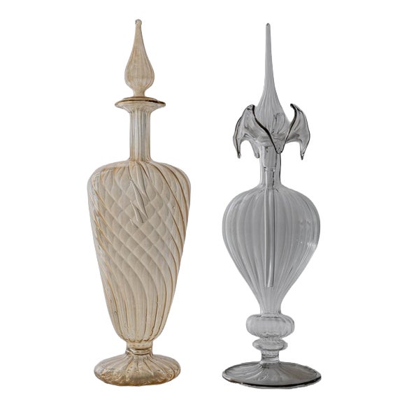 Vintage Hand-Blown Orange and Clear Murano Glass Perfume Bottles with Stoppers, 1940s, Set of 2 For Sale