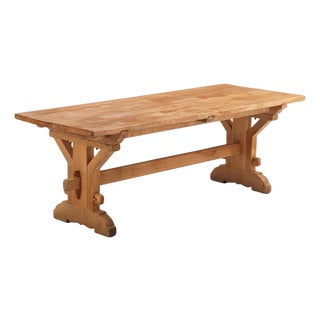 French Brutalist Architectural Oak Table With Slab Top, C. 1960 For Sale