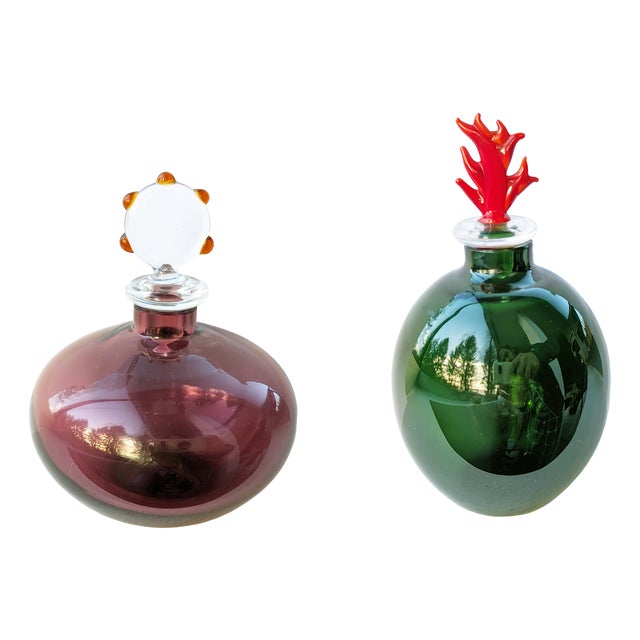 Purple and Green Murano Glass Flasks by Venini, 1980s, Set of 2 For Sale