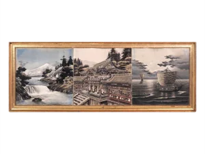 Oriental Painting of 3 Pictures, 100 Years Old, Gilt Frame