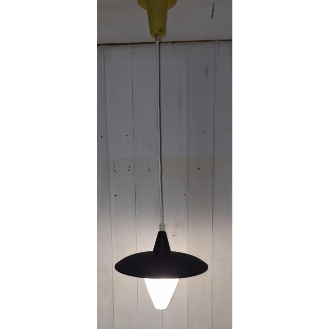 Metal Mid-Century Yellow and Black Lantern-Shaped Pendant Light with White Lined Glass Shade, 1960s For Sale - Image 7 of 7