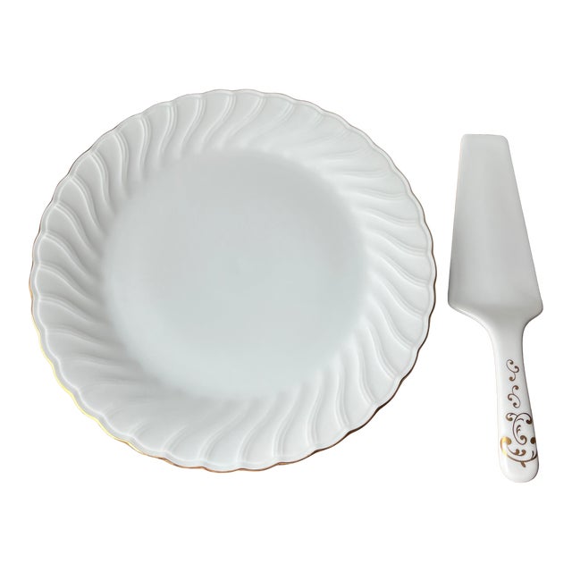 Late 20th Century Andrea by Sadek Cake Plate and Server Set in Gold Trim For Sale