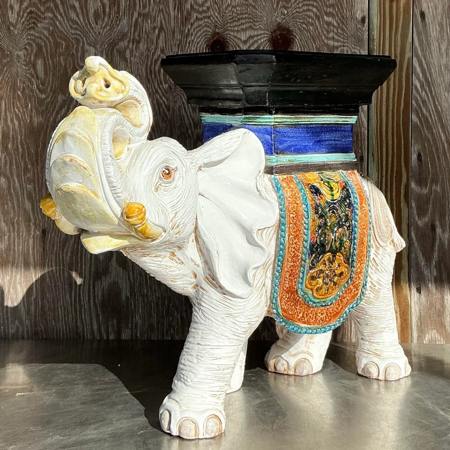 Vintage Boho Glazed Ceramic Elephant Low Stool - Side view