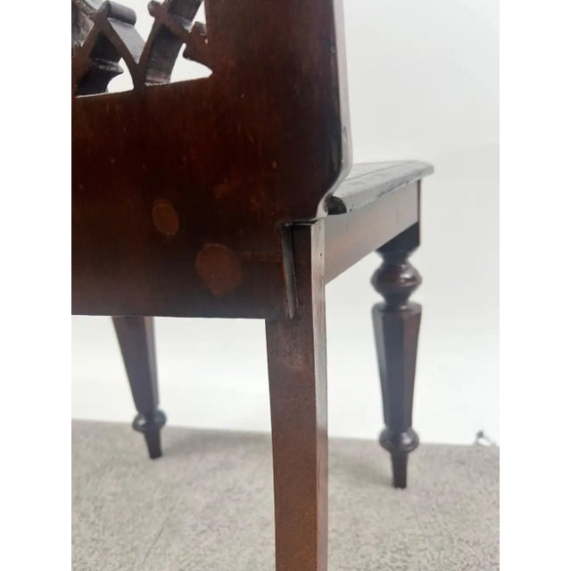 19th Century Antique English Gothic Revival Carved Oak Hall Chair With Pierced Tracery Back For Sale - Image 5 of 12